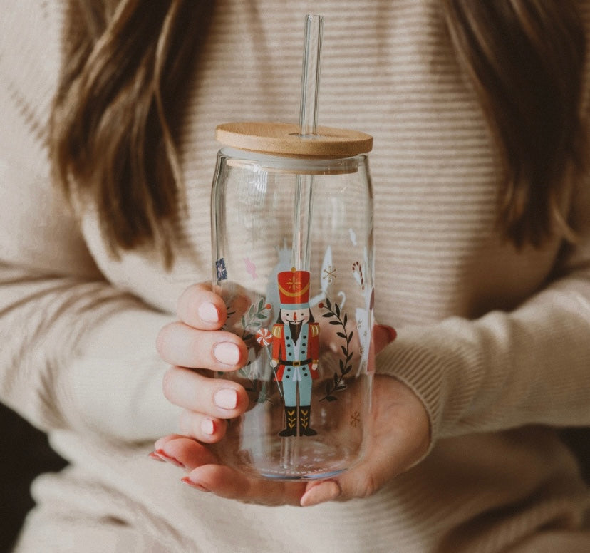 Vintage Santa, Candycane, Nutcracker & Holly Glass Cup with Glass Straw