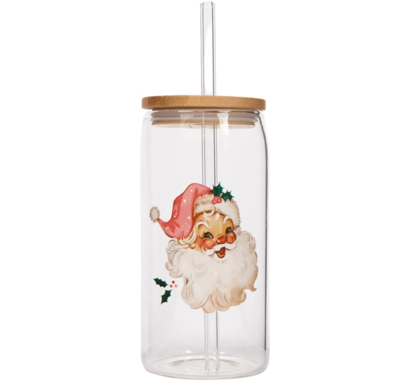 Vintage Santa, Candycane, Nutcracker & Holly Glass Cup with Glass Straw