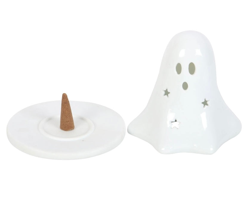 Ceramic Halloween Ghost Tealight and Incense Cone Holder Set