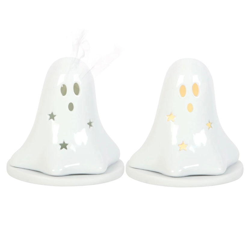 Ceramic Halloween Ghost Tealight and Incense Cone Holder Set