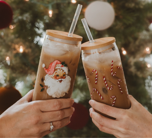 Vintage Santa, Candycane, Nutcracker & Holly Glass Cup with Glass Straw