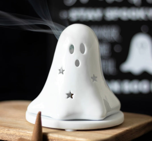 Ceramic Halloween Ghost Tealight and Incense Cone Holder Set
