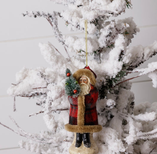 Plaid Belsnickle Santa Holding Tree Ornament